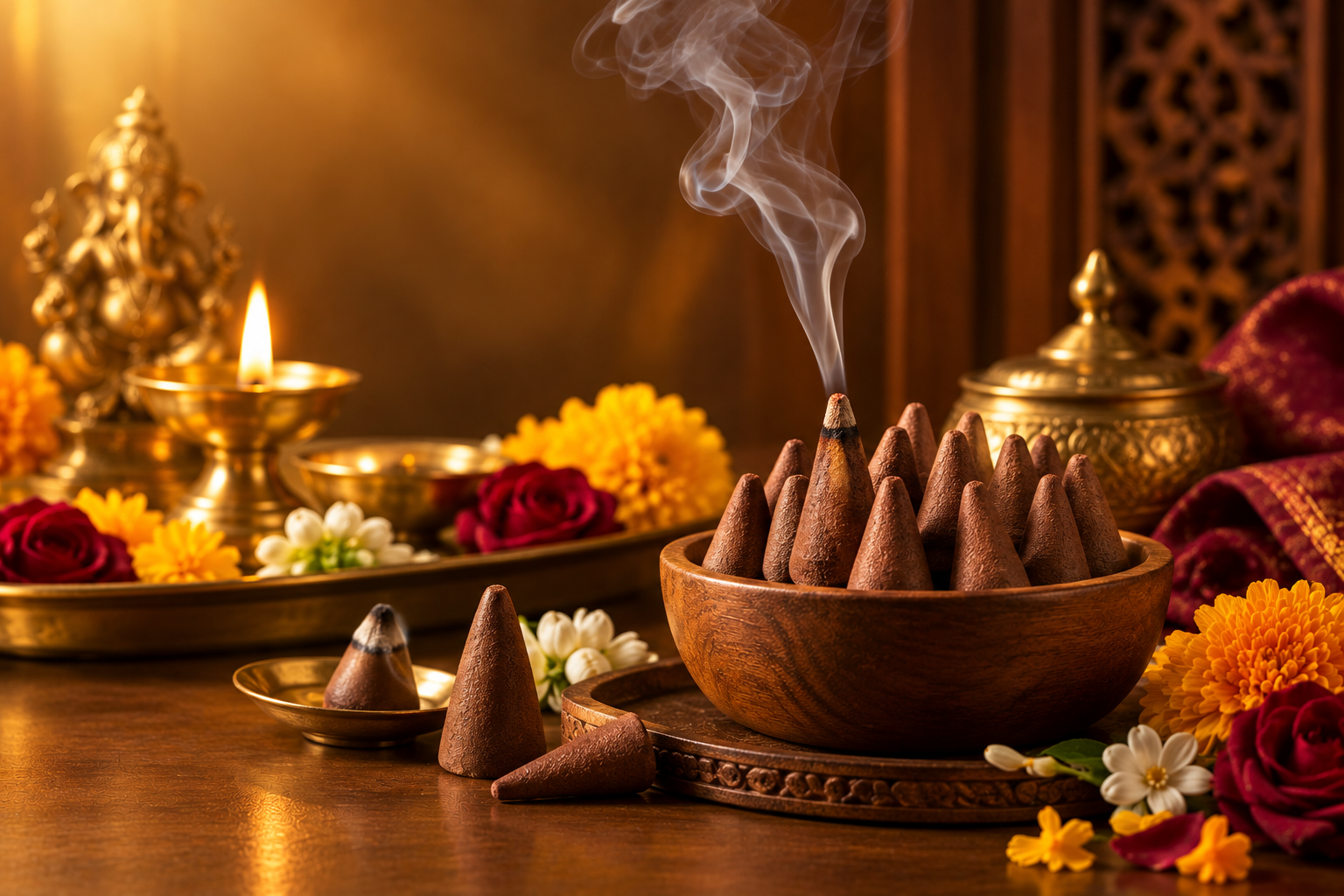 Dhoop cones burning on a brass plate with marigold flowers